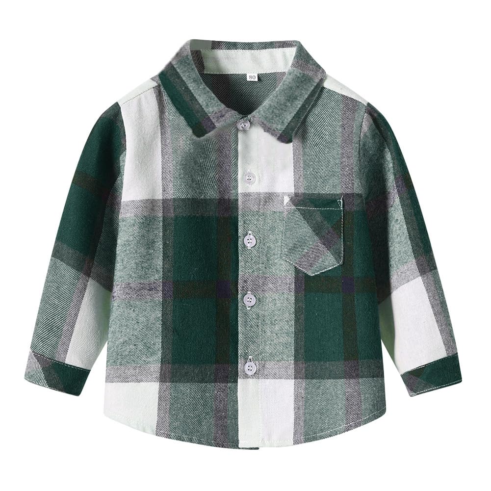 IDOPIP Toddler Baby Boys Plaid Flannel Shirt Long Sleeve Button Down Shirts Plaid Checked Jacket Shirt Winter Fall Tops Clothes Kids Christmas Buffalo Plaid Shirt with Pockets Green 4-5 Years