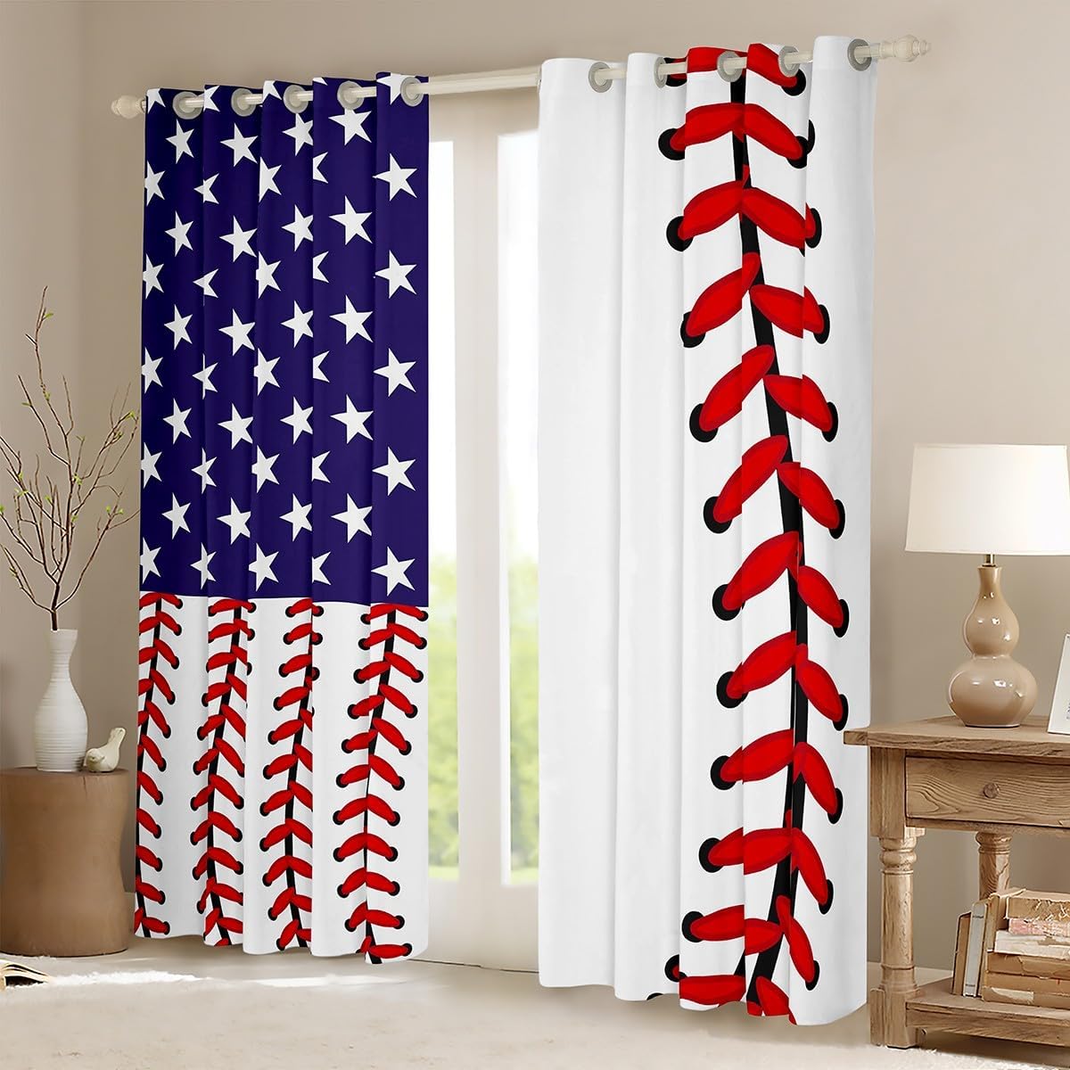 Feelyou Baseball Blackout Curtains() Sports Sewing Geometric Curtain for Bedroom 3D Ball Red White Blue Darkening Window Dreapes Decor Baseball Games Window Treatments (2 Panels, 52 x 84 Inch)