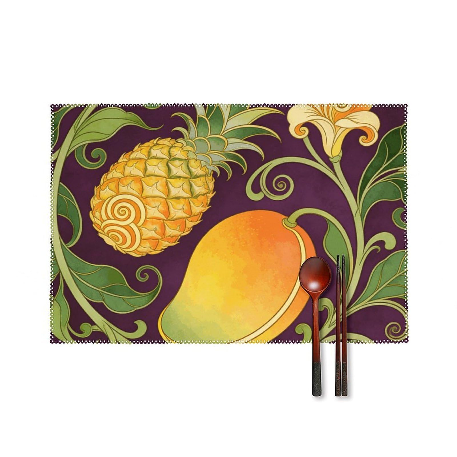 Lemon Tropical Fruits Flowers Leaves Placemats Set of 6, 12x18 Inch Heat Resistant Washable Canvas Table Mats, Stain Resistant Decorative Dining Placemats for Kitchen, Restaurant, Outdoor Party