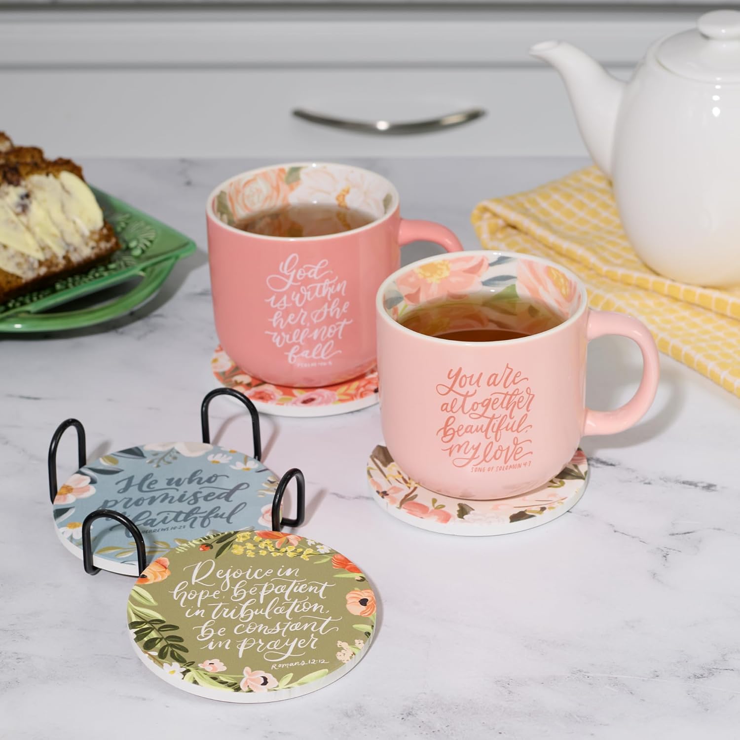 Christian Art Gifts Ceramic Coasters with Scripture: Set of 4 Decorative Drink Coasters, Beautiful Painted Multicolor Floral Designs, Non-Slip Cork Bottom, Table/Home Décor, Encouraging Gift for Women