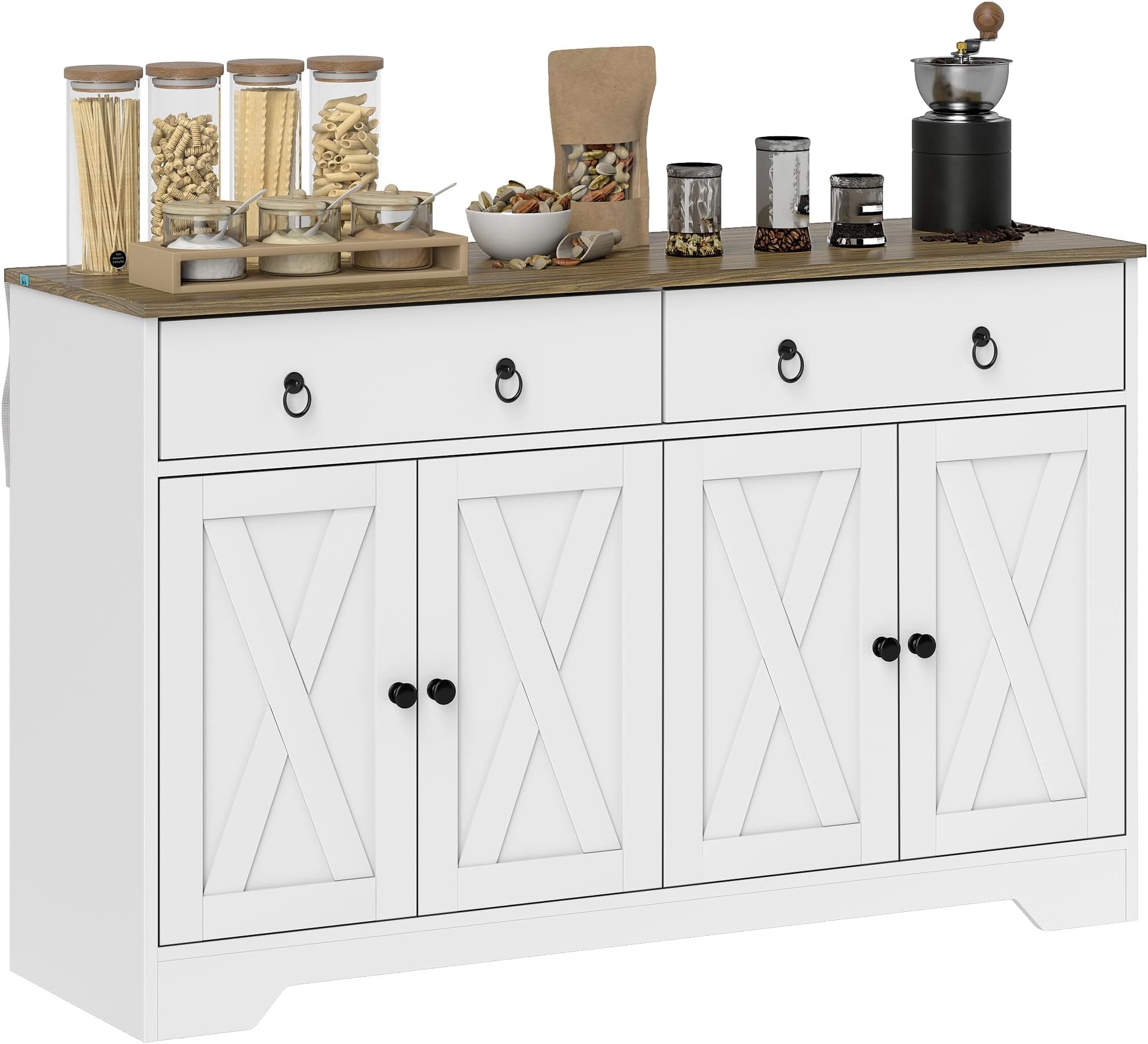 HOMCOM 48" Sideboard Buffet with Storage, Kitchen Storage Cabinet with 2 Drawers and 4 Barn Doors, Farmhouse Coffee Bar Cabinet with Adjustable Shelves, White