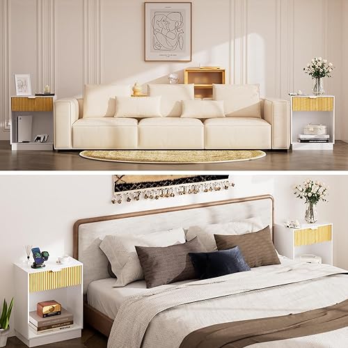 Miniatura 4 de Juego de 2 mesitas de noche acanaladas, moderna mesita de noche con cajón y estante de almacenamiento, mesa auxiliar de madera de mediados de siglo