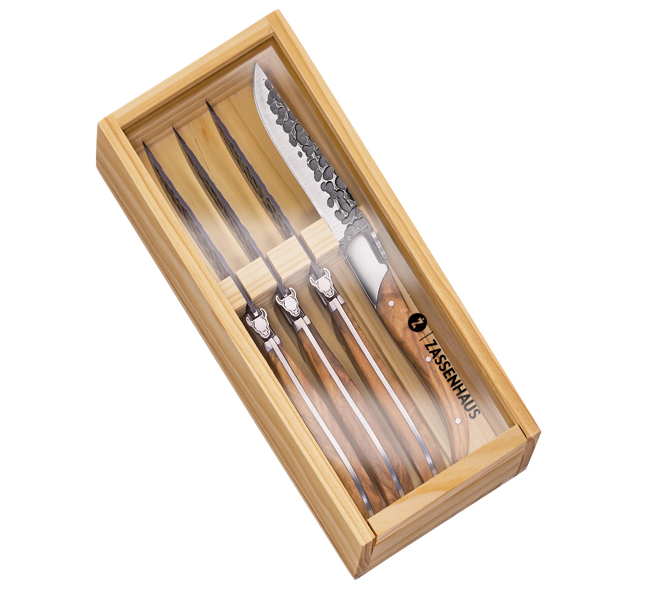 Zassenhaus Steakmesser BULL 4er-Set mit Olivenholzgriffen, handgefertigte Messer mit rostfreier Edelstahlklinge, 22 cm, mit Bullen-Emblem, inkl. Holz-Geschenkbox und Poliertuch