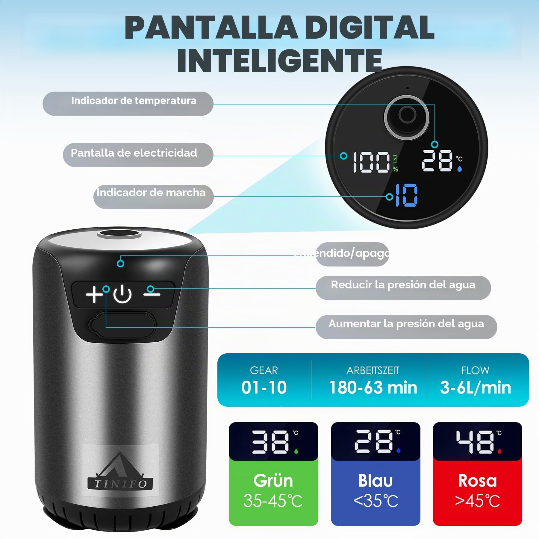 Ducha de camping con bomba, ducha portátil de camping con batería recargable de 8000 mAh, ducha móvil con indicador de temperatura, manguera de 2 m para camping, lavado de coche, ducha de
