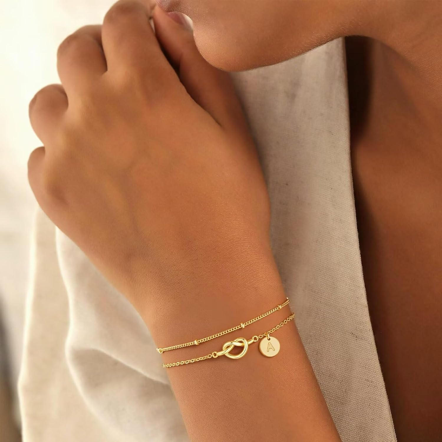 M MOOHAM Gifts for Kids Teen Girls - Initial Bracelet Dainty 14K Gold Plated Knot Heart Disc Letter A-Z Initial Bracelet, Layered Link Charm Bracelets for Women Girls, Womens Jewelry Gifts