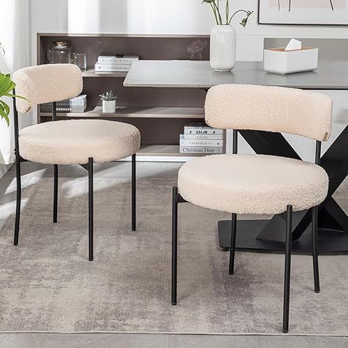 Cinxzar Sillas de Comedor Boucle Juego de 2, Sillas de Comedor Tapizadas con Patas de Metal Negro, Silla de Comedor Redonda Moderna para Comedor,
