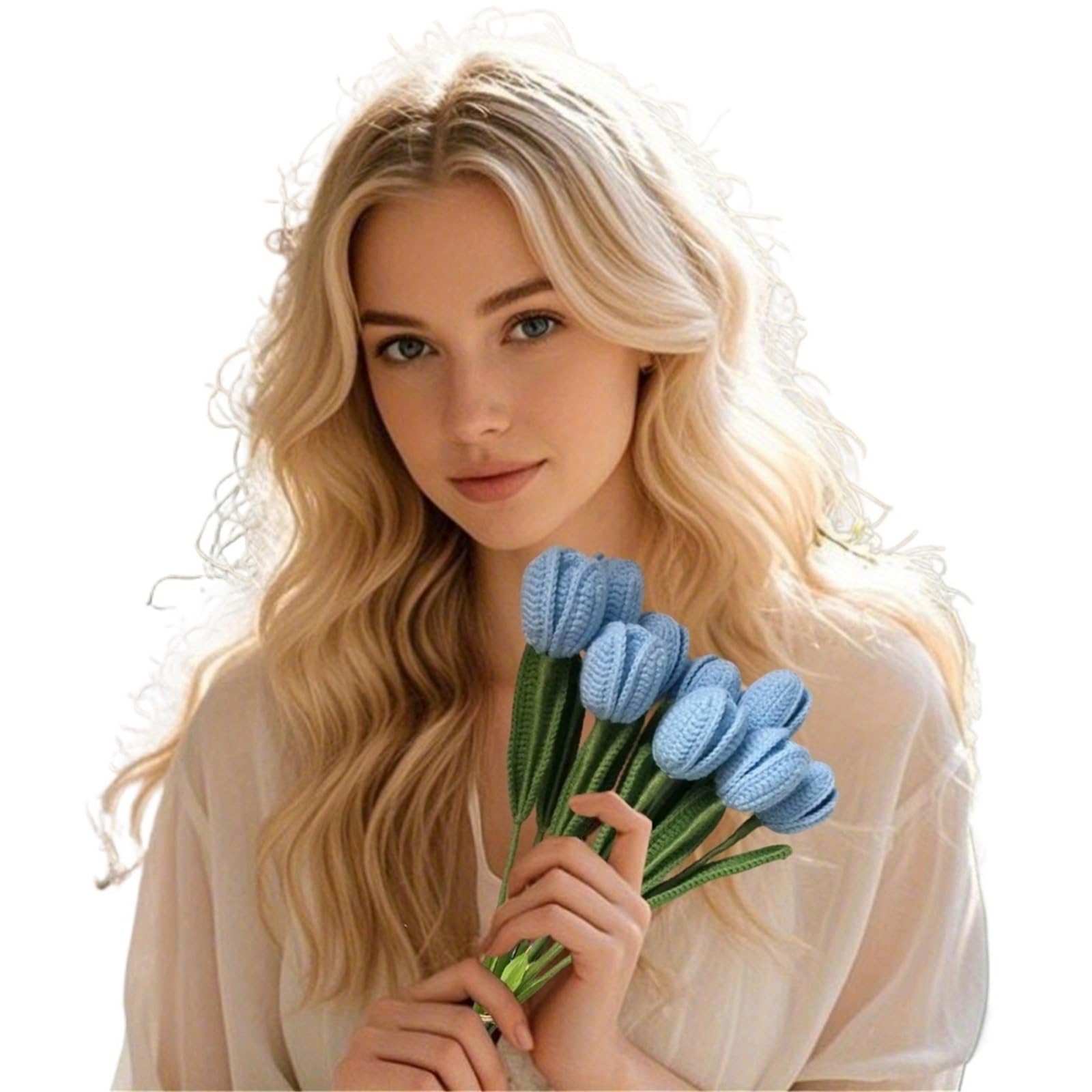 ZHSOAO 6Pcs Fake Tulips Artificial Flower Bouquet For Decoration, Tulip Crochet Flowers For Table Decor for Weddings Birthdays(Blue)