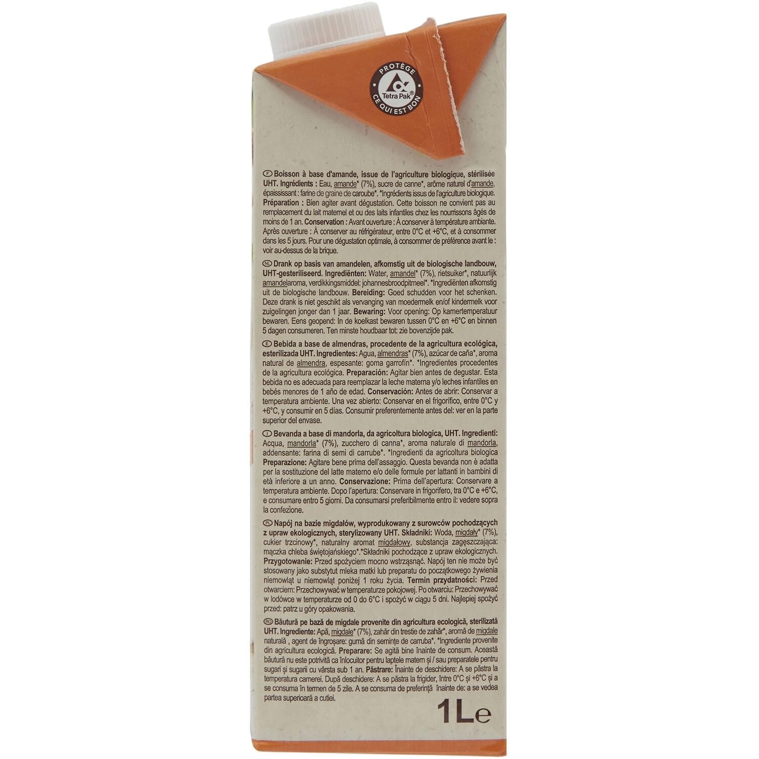 CARREFOUR BIO Boisson Végétale Amande Intense Bio - Format 1L en Brique Carton avec Bouchon Vissé - Sans Lait, Vegan et Nutri-Score A - Lot de 4