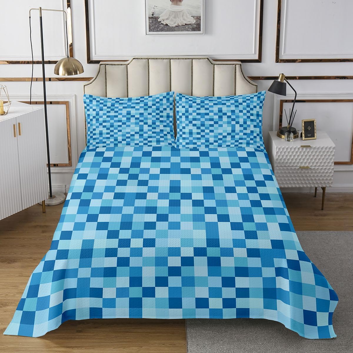 Manfei Pixelated Miners Theme Bedspread Twin Size,Geometric Check Video Games Bedding for Kids Teens Bedroom Decor,Gamepad Camo Grid Coverlet Set,Blue Quilt Set for All Season,2 Pcs with 1 Pillowcase