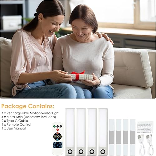 Miniatura 6 de Luz de 44 LED con sensor de movimiento para debajo del gabinete, control remoto de 3 colores de temperatura regulable, luz magnética recargable para
