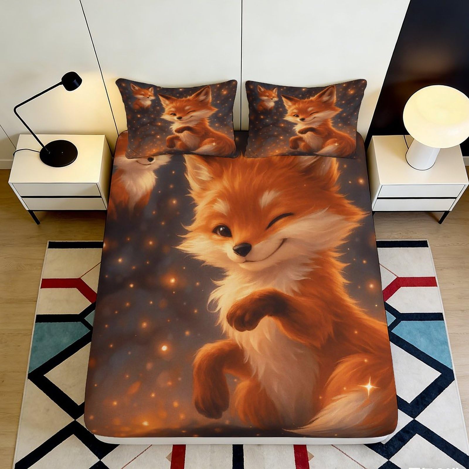 3D Printed Cartoon Fox Fitted Sheet Microfiber Soft Anti-Slip Forest Animal Mattress Cover for Bedroom Dorm Protection Decor 120x200x25cm