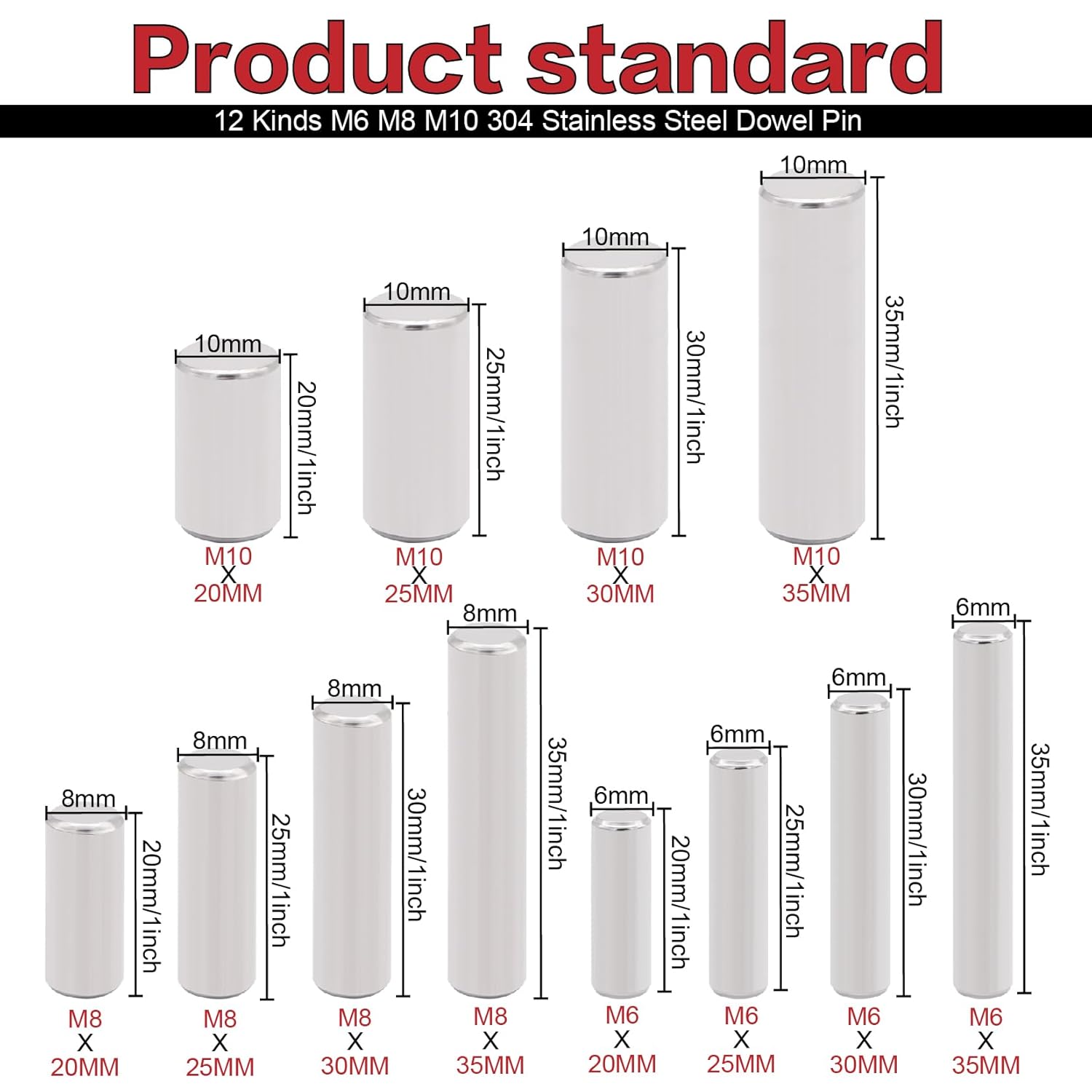 120Pcs 12 Kinds M6 M8 M10 304 Stainless Steel Dowel Pin Cylindrical Shelf Support Peg Pin Rod Fasten Elements Assortment Kit