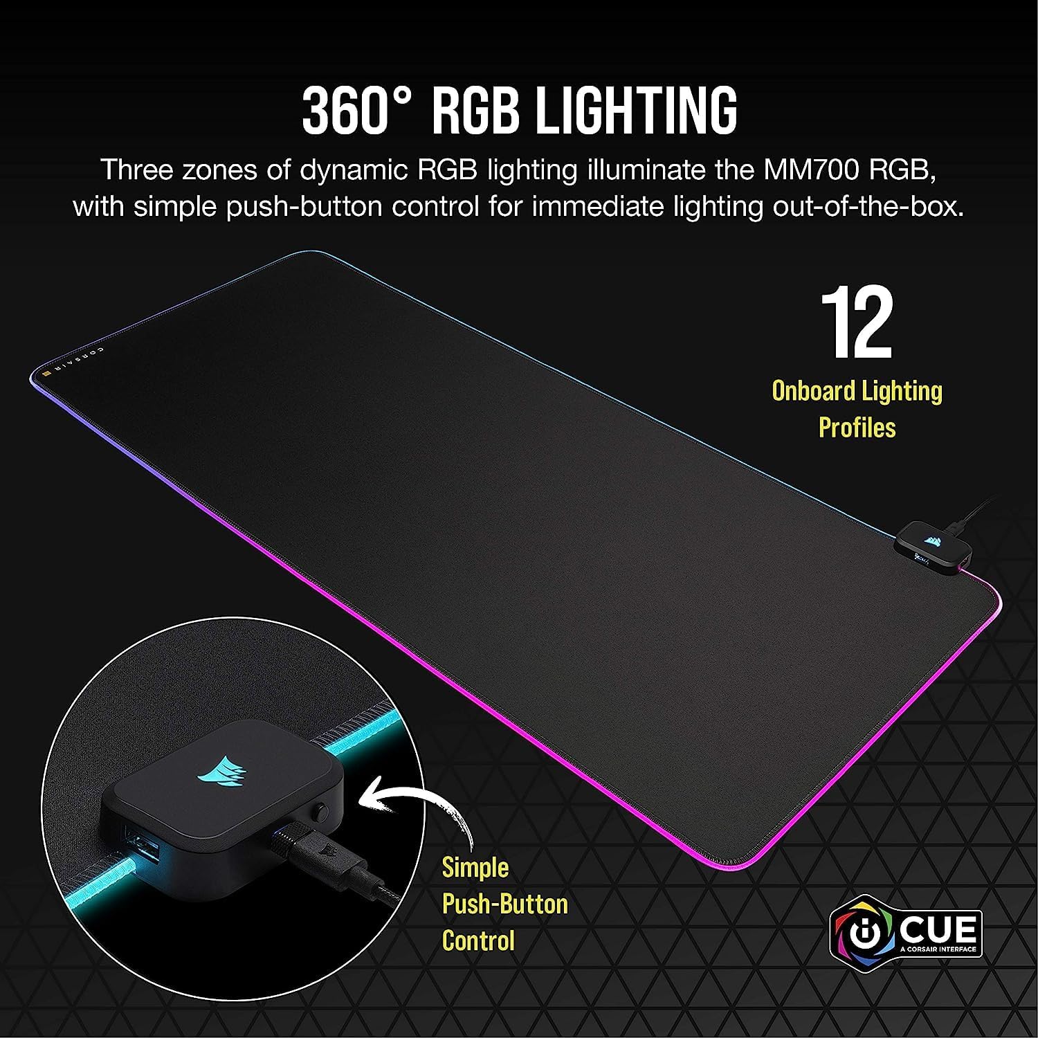 Corsair MM700 RGB Extended Cloth Gaming Mouse Pad - 36.6" x 15.8" - 360° RGB Lighting - Two USB Port Hub - Thick Rubber - Black (Renewed)