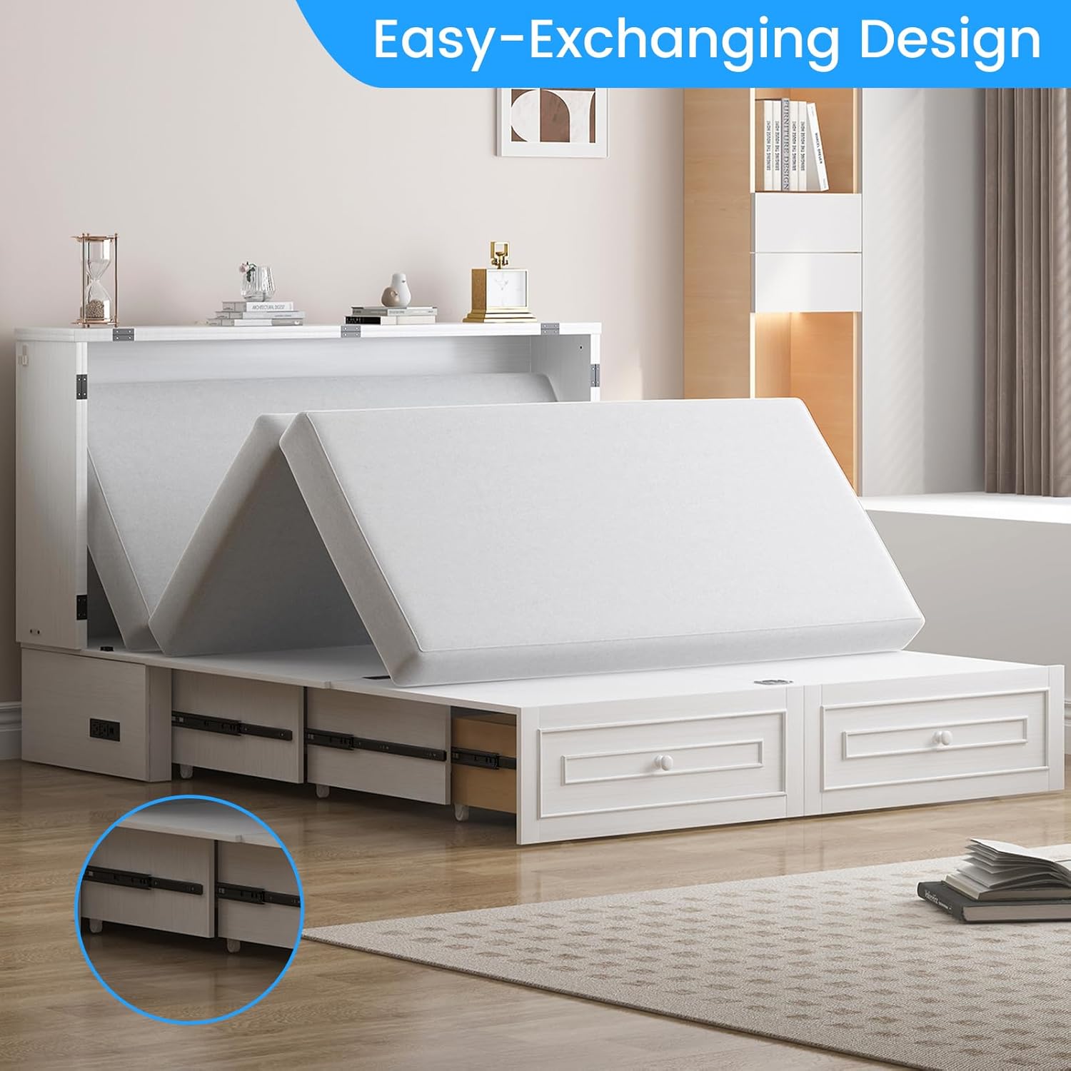 PUREMIND Queen Murphy Bed with Mattress Included – Solid Wood Hideaway Cabinet Bed with 2 Storage Drawers & USB Ports – Space Saving Cabinet Bed for Guest Room, Apartment, Home Office, White