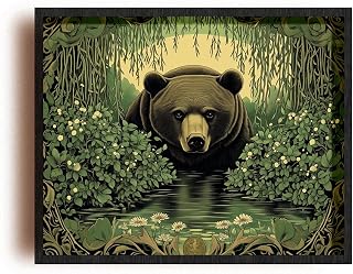(Unframed) (20 x 16 IN) Matte Wall Art Print Of Art Nouveau Poster: Bear peering through the bushes in a lake surrounded by willows, evoking timeless wisdom - Eco-Friendly Poster, C. - 925POSMi4393sWH