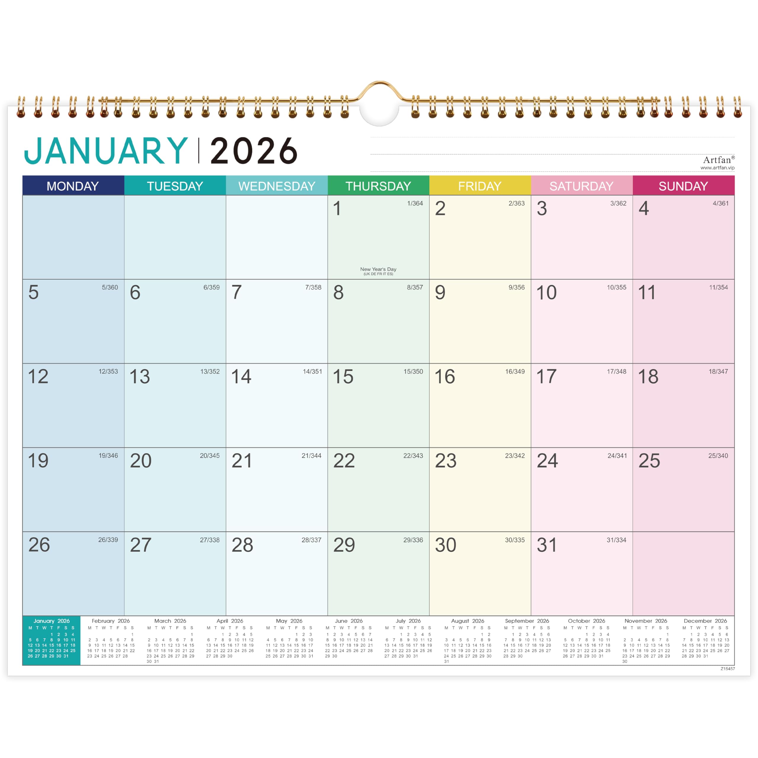 2026 Calendar - Wall Calendar 2026, 12 Month Calendar from Jan.26 - Dec. 26, 37 x 29 cm, Double Binding Hook, Large Mixed Color Right Angle Block