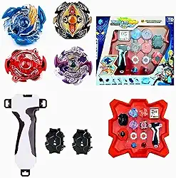 Genérico Kit Beyblad 4 In 2 + 2 Lançadores + Arena (34cm) 2 Lançadores 2 Cremalheiras, Brinquedo Jogo de Pião para 3+ Anos