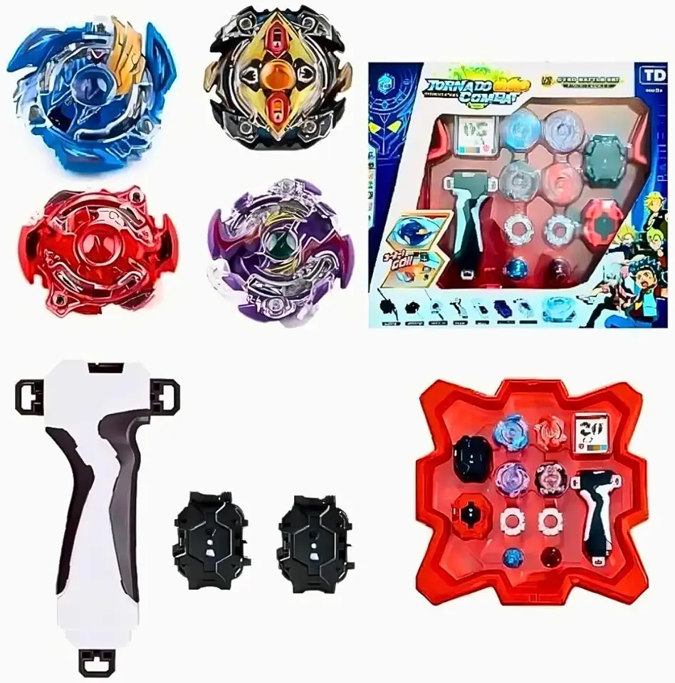 Genérico Kit Beyblad 4 In 2 + 2 Lançadores + Arena (34cm) 2 Lançadores 2 Cremalheiras, Brinquedo Jogo de Pião para 3+ Anos