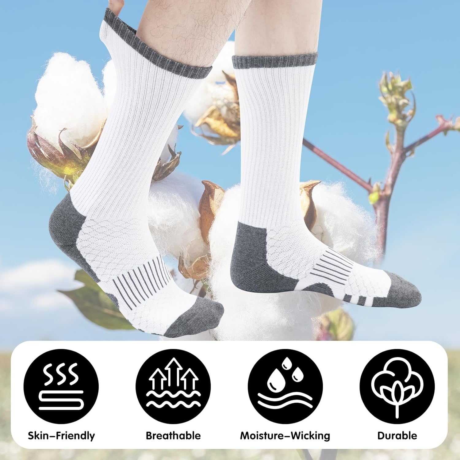 Mens 100% Cotton Cushioned Crew Socks, Moisture Wicking Breathable Athletic Performance Boot Work Socks - Image 6