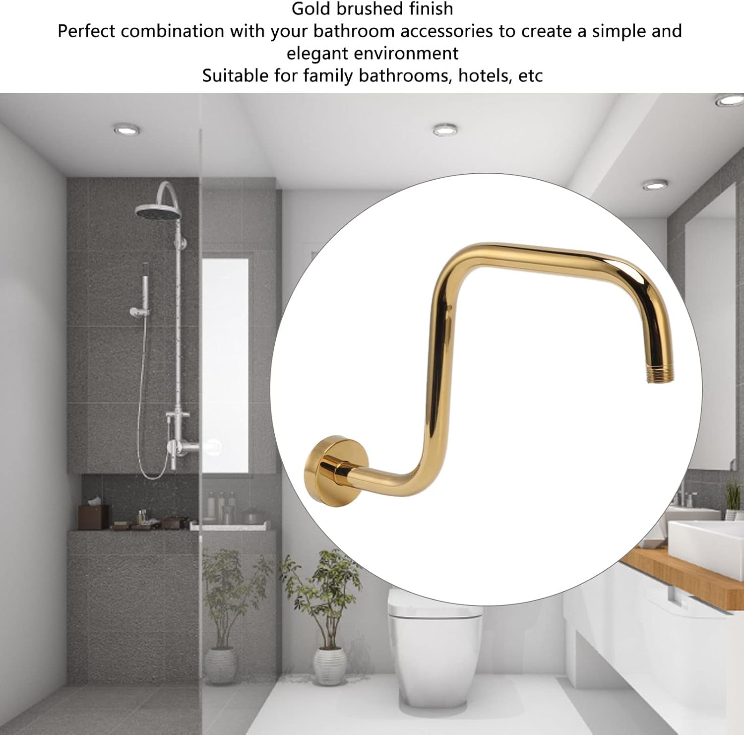 Garosa Shower Head Extension Arm S Shaped 12.6 Inch Wall Mounted Brushed Gold Stainless Steel 1/2 Inch NPT Thread with Flange