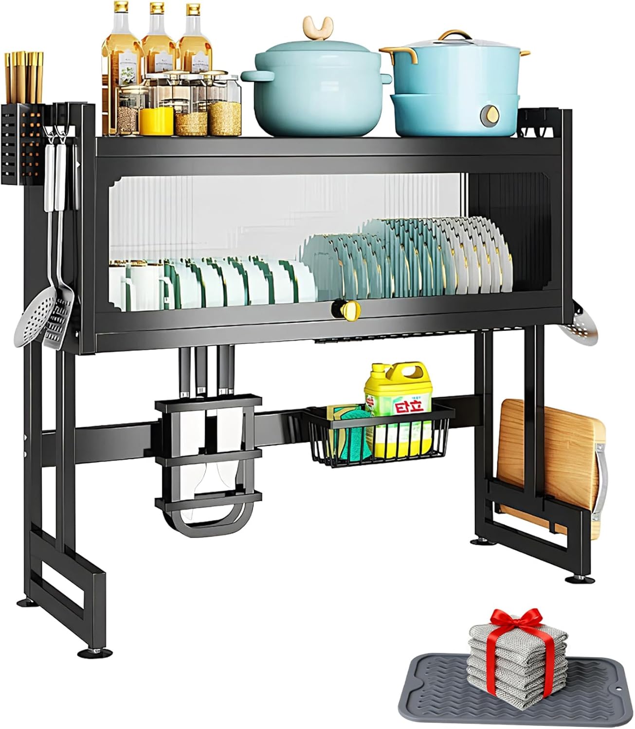 Over The Sink Dish Drying Rack with Cover 2 - Tier Large Dish Drainer Racks for Kitchen Counter Space Saving Sink Storage Organizer for Dishes, Glasses, Bowls & Cutlery Black