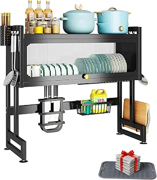 Over the Sink Dish Drying Rack with Cover 2 - Tier Large Dish Drainer Racks for Kitchen Counter Space Saving Sink Storage Organizer for Dishes, Glasses, Bowls & Cutlery Black