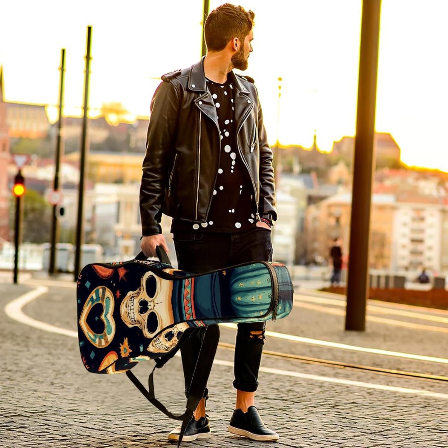 Skull in Mexican Hat and Western Cactus Heart Acoustic Guitar Gig Bag, 1 cm Thick Padding Waterproof Guitar Bag Backpack for 40 41 42 Inch Electric Bass Classical Guitars