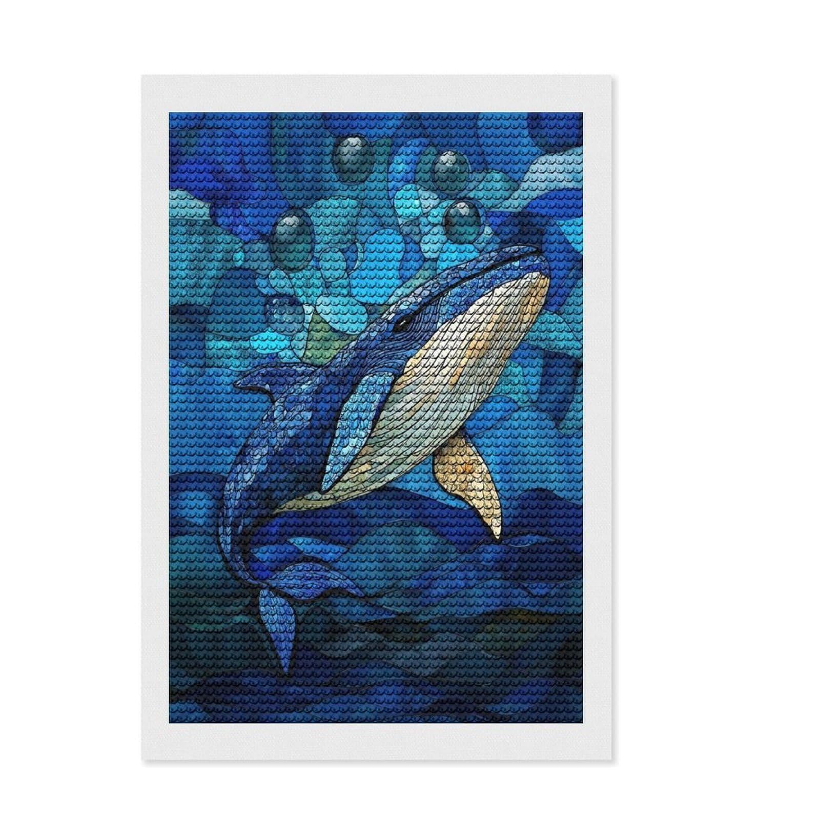Junmoney Stained Glass Whale Round Drill Diamond Painting 8"x12", for Teens, Good for Quiet Evenings, Aesthetic Room Decor, Holiday Gift Idea