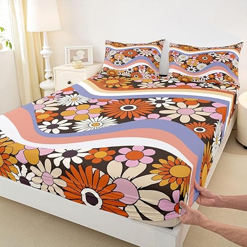 Miniatura 6 de Erosebridal Sábanas de cama florales bohemias para niñas, sábana bajera ajustable de flores groovy vintage, tamaño Queen, 70S y 80S, juego de ropa