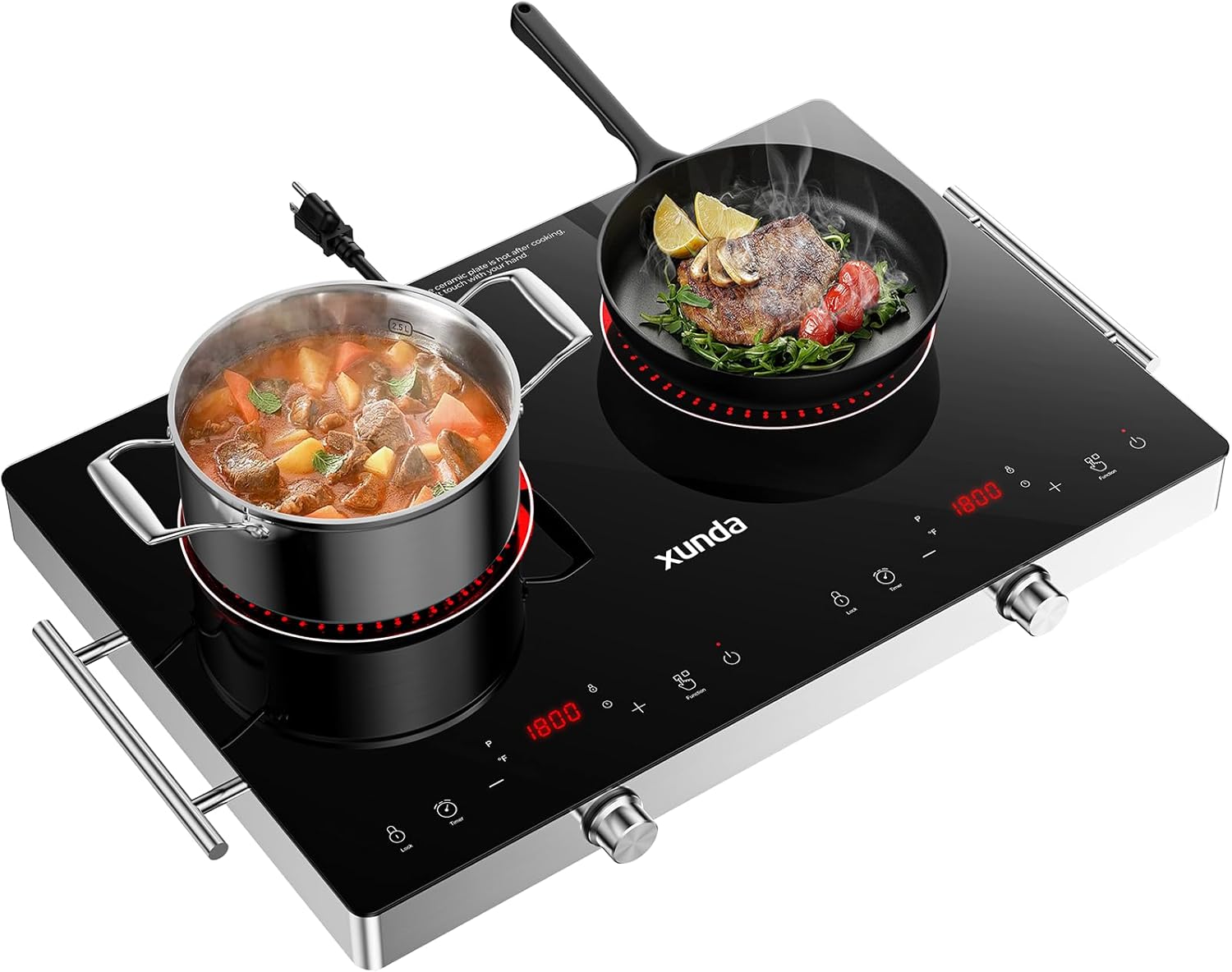 2 Burner Electric Cooktop 110V, Hot Plates Electric with Carry Handle, Ceramic Cooktop for Home, VR, 1800W Touch & Knob Control Timer, Safety Lock (Black) Double Burner Electric Stove