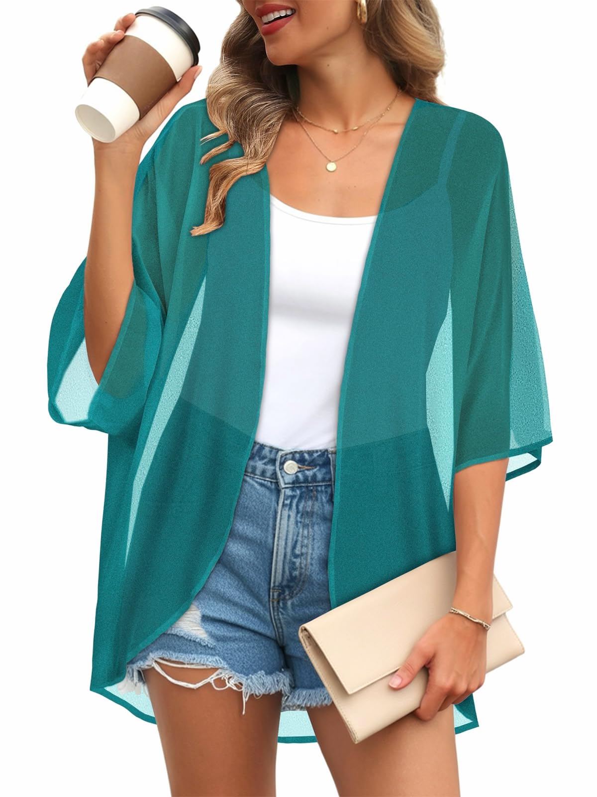 Womens Kimono Cardigans Beach Cover ups Swimwear Puff Sleeve Loose Casual Summer Tops