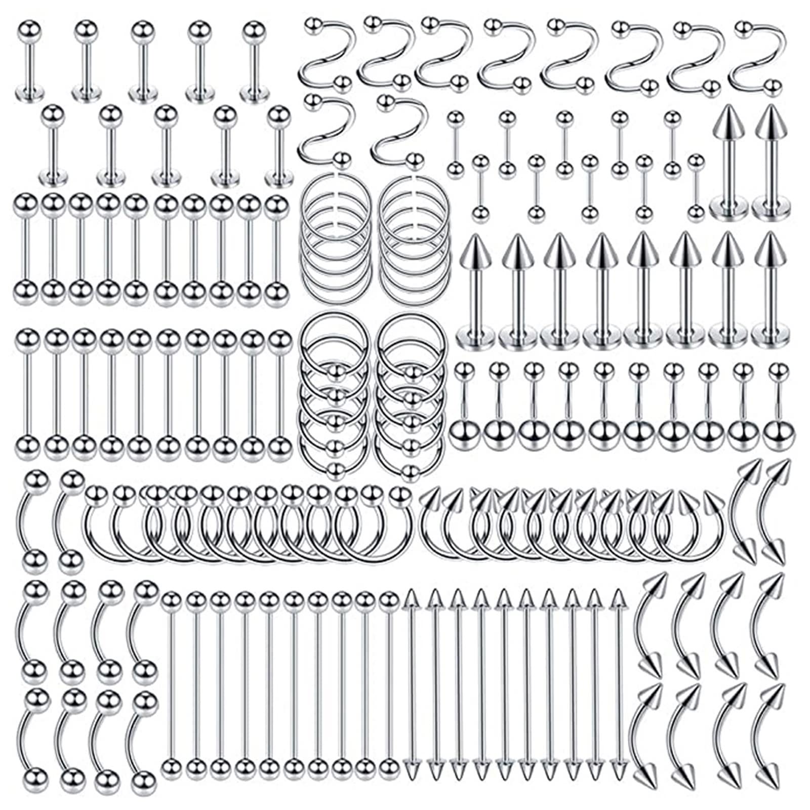 Epinki Biżuteria 150 sztuk kolczyków do uszu, srebrnych kolczyków do nosa, 1,2 mm, grubość pręcika C i S, ze stali nierdzewnej, piercing do nosa, dla kobiet, Stal nierdzewna, Bez cyrkonii