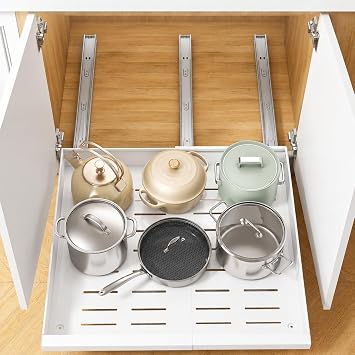 Orret Home Teleskopik Dolap İçi Düzenleyici, Büyüyüp Küçülebilir Raylı Dolap Organizeri, Ayarlanabilir Sürgülü Mutfak Rafı, Tencere Tava Lavabo Altı Kiler Organizer, Yapıştırılabilir 32-64 cm Beyaz