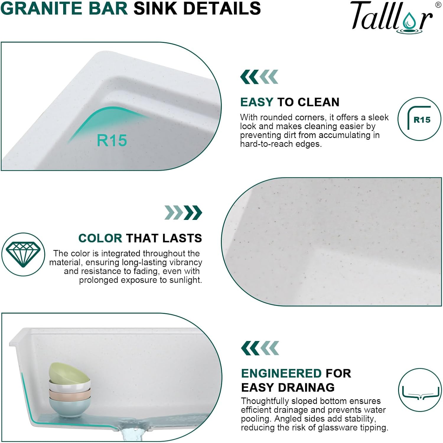 21 Undermount Bar Sink Workstation - 21”x18" Undermount Wet Bar Sink White Granite Composite Quartz Classic Single Bowl Under Counter Small Prep Rv Kitchen Sinks #TLGU-128