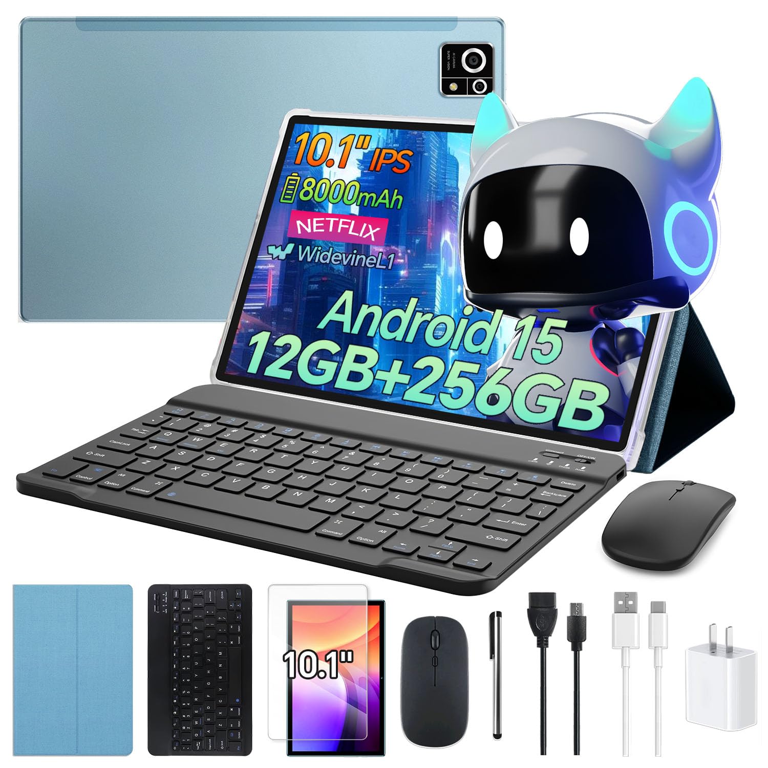 Android 15 10.1 inch Tablet M8 with Keyboard ,12GB+256GB Tablets, 8000mAh Battery, 8-Core, Widevine L1, 2.4/5Ghz Dual Band WiFi/Bluetooth,5/13MP