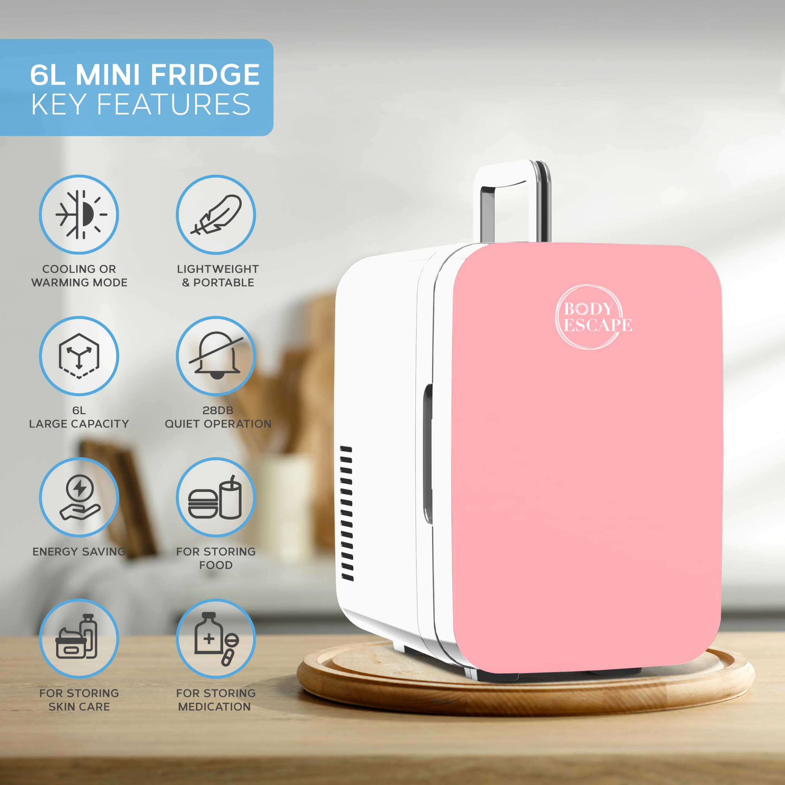 Body Escape Mini Fridge For Skincare & Make-Up - Glass Door Beauty Mini Fridges - Birthday Gifts For Her Skin Care - Portable, Compact, Small & Quiet Skincare Fridge For Makeup - 6L Pink