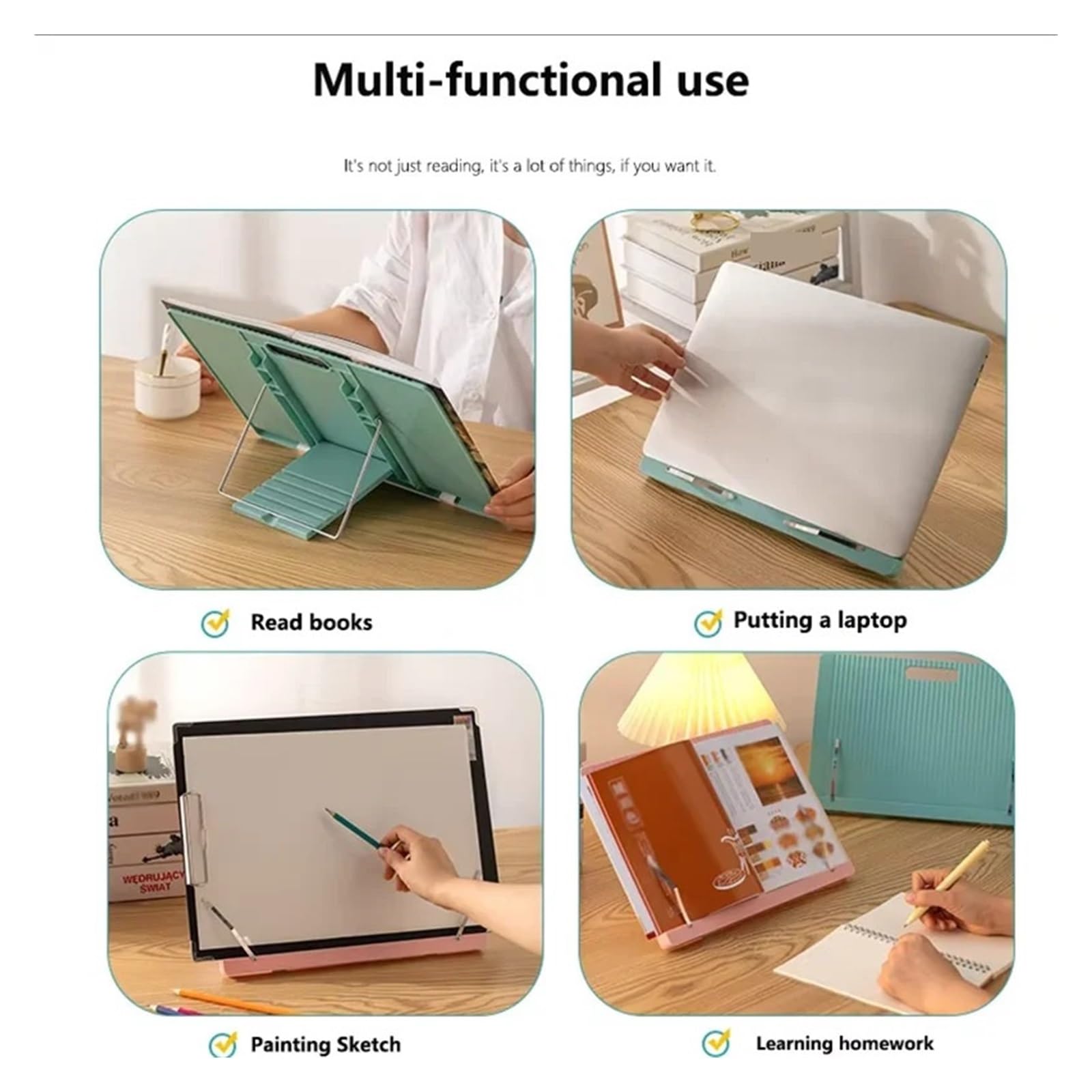 Atril de Lectura Adjustable Desktop Book Stand for Reading with Page Clips Plastic Foldable Holder Tablet Laptop