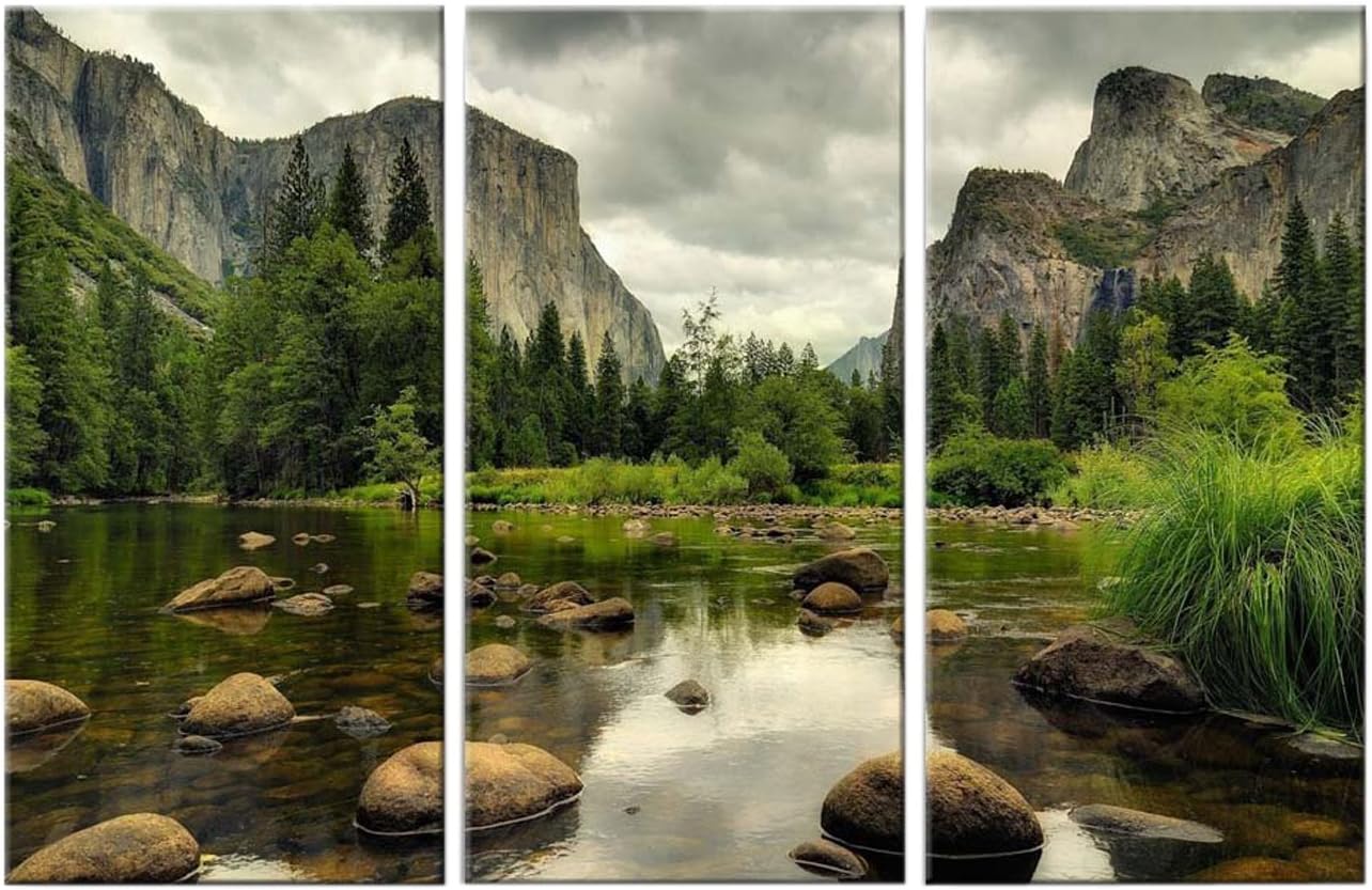 Very artistic 3 Pieces Green Wall Art Painting Yosemite National Park Clear Water Lake Mountain Trees Rocks Pictures Prints On Canvas Landscape The Picture Decor for Home Modern Decoration