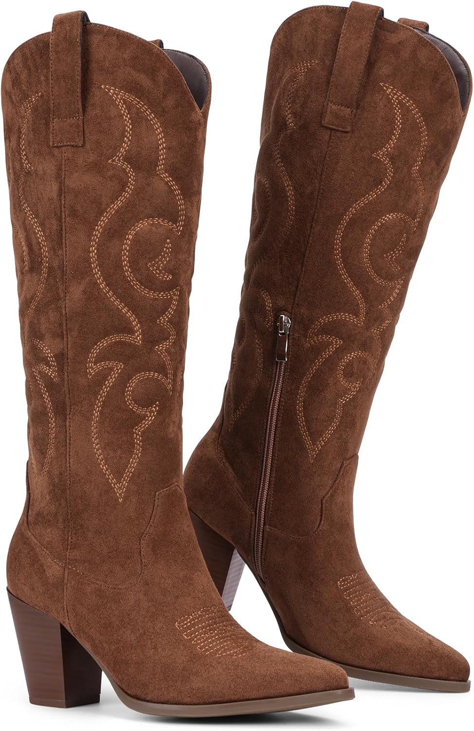 Pasuot Suede Cowboy Boots for Women - Western Knee High Cowgirl Boots with Side Zipper, Retro Pointed Toe Tall Block Heel Pull On Long Boot for Ladies Fall Winter Rodeos Concert Festival Daily - Image 5