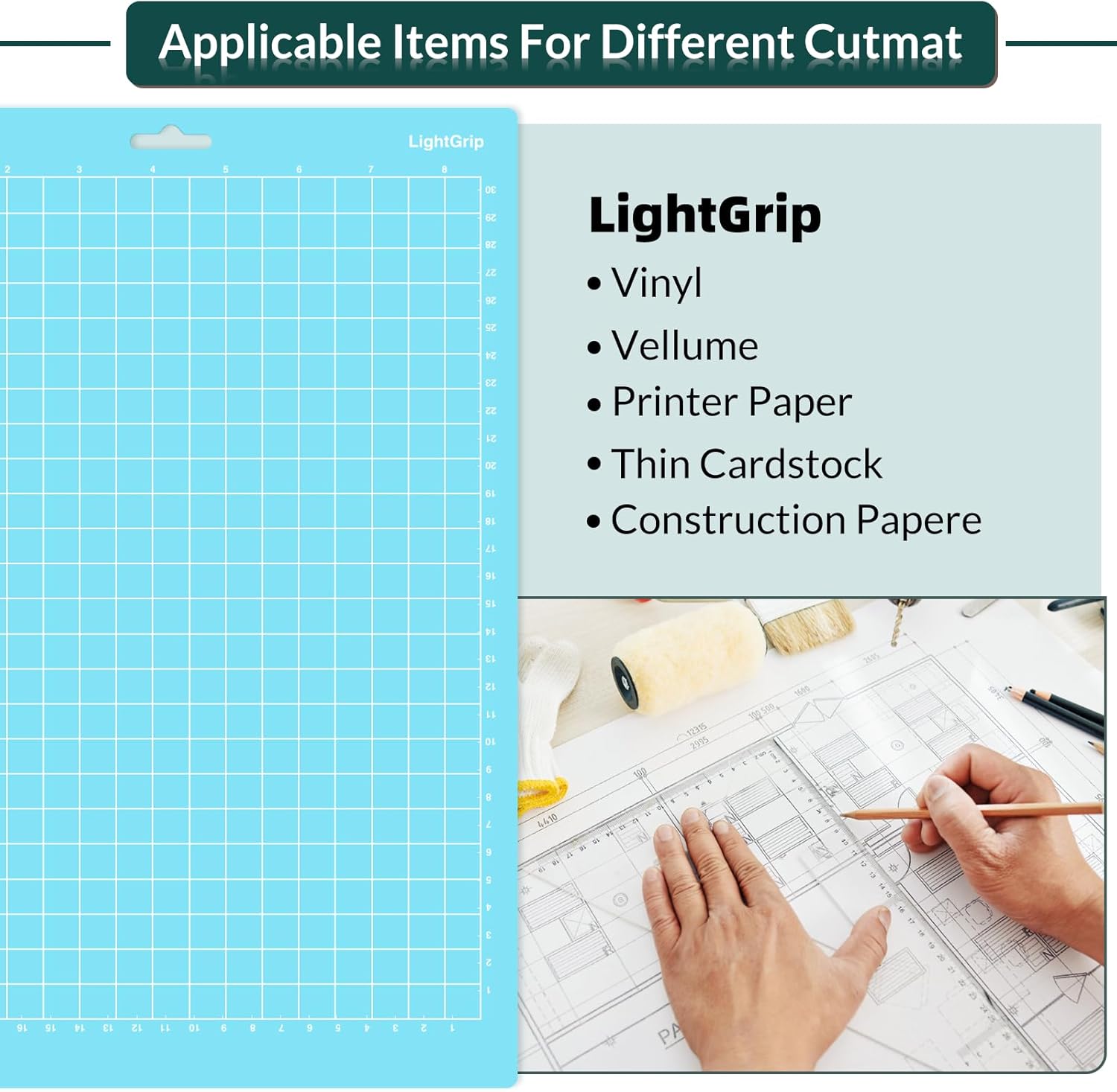 WISYOK 12x8.5 Inch Cutting Mats, 2-Pack Light Grip Reusable Adhesive Mats for Crafts, Quilting, Sewing