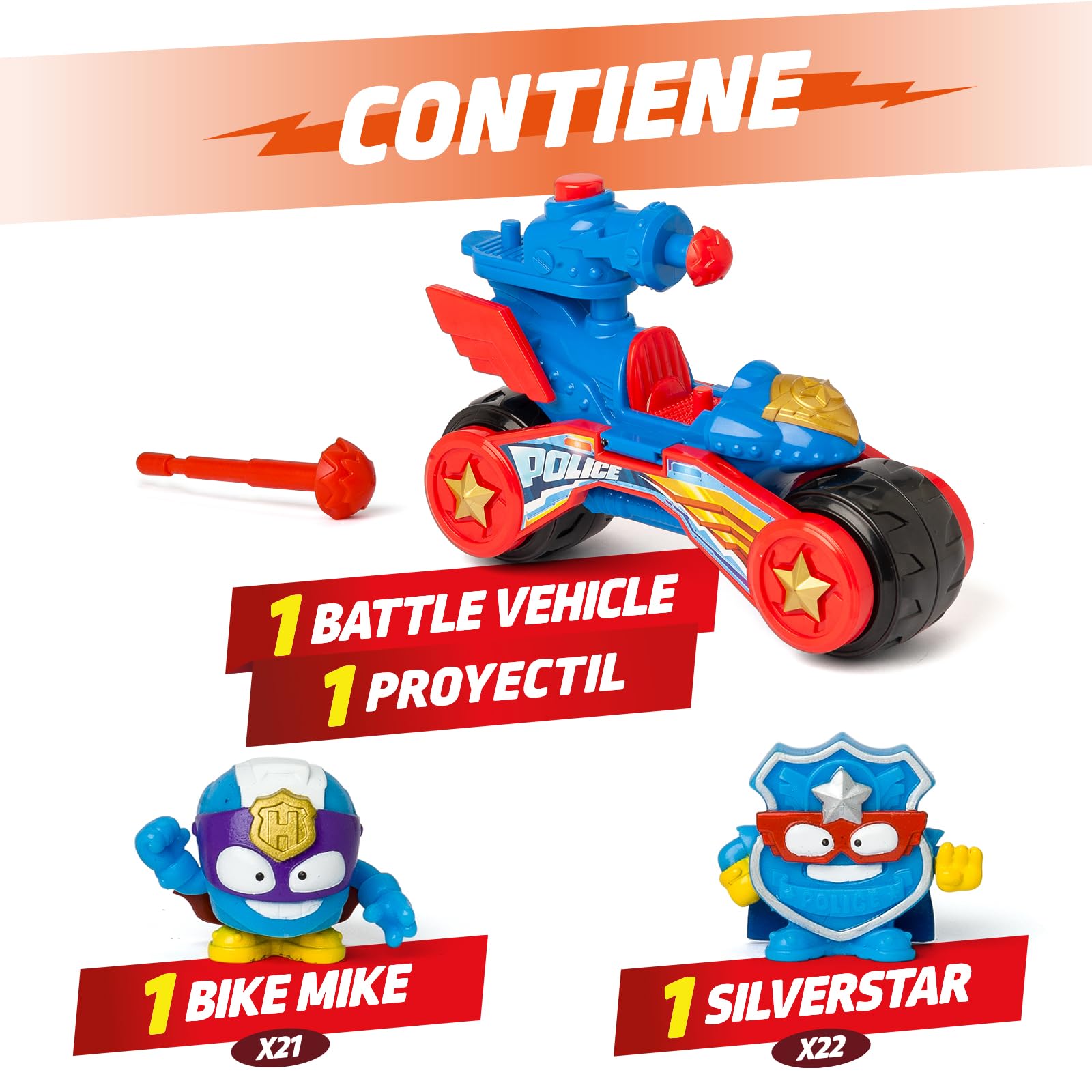 SUPERTHINGS KAZOOM POWE –Battle Vehicle Police. Vehículo de batalla policía de los héroes de la Serie de TV “Superthings Kazoom Power”. Contiene 1 Battle Vehicle, 2 Superthings Exclusivos, 1 Proyectil