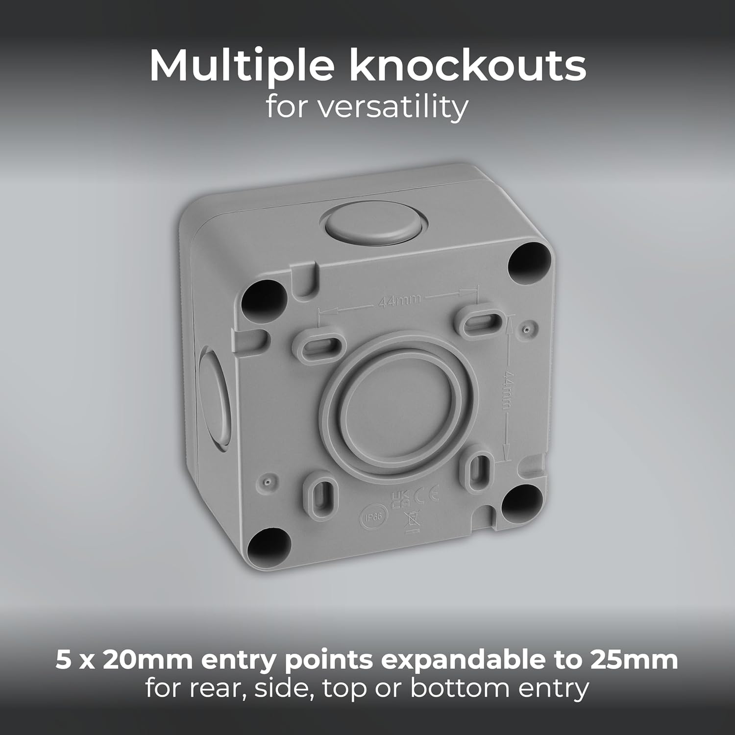 Underside view of BG Electrical WP12-01 showing multiple cable knockouts
