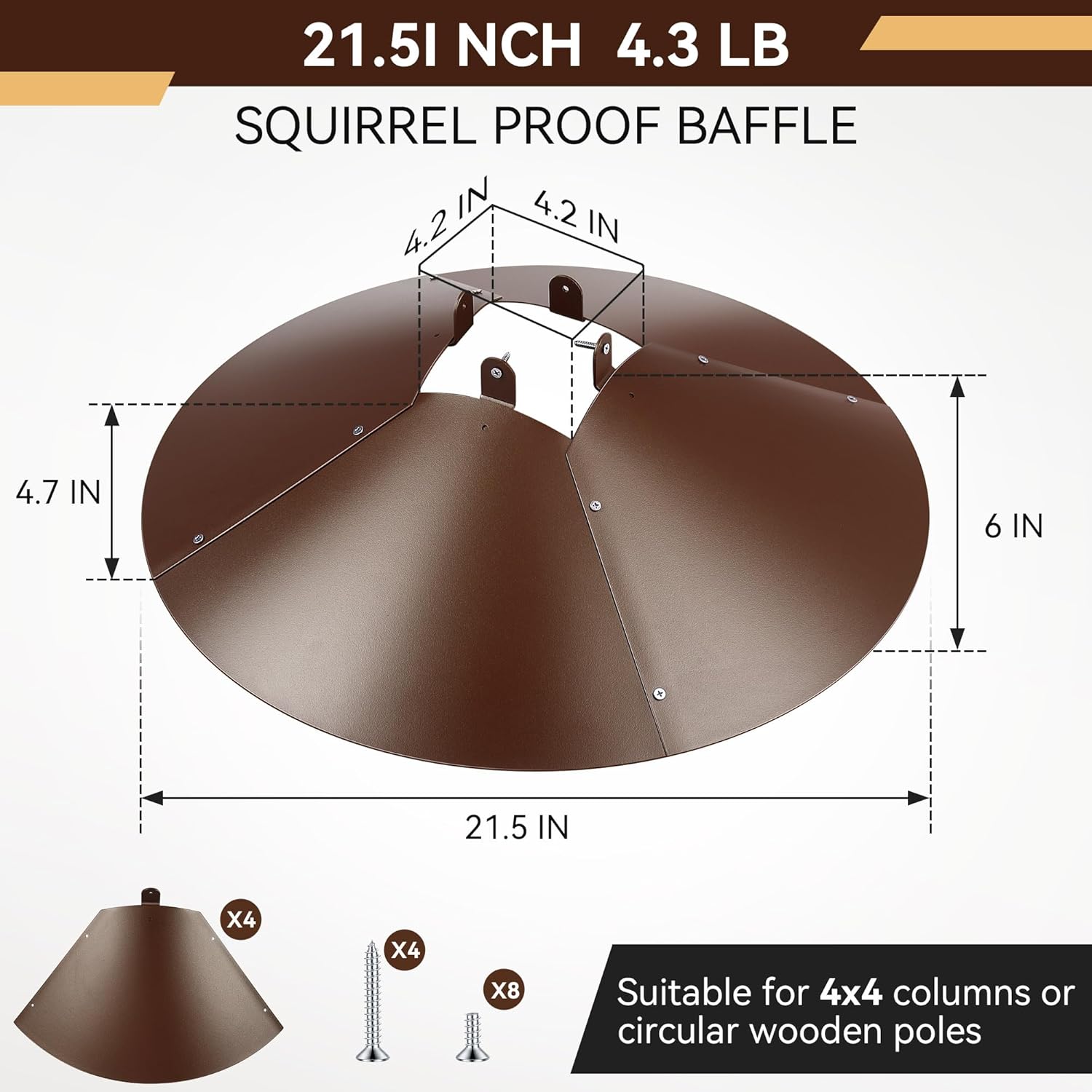 Qualirey 1 Pack 21.5 Inch Metal Squirrel Proof Baffle for 4 x 4 Posts Wrap Around Guard for Bird Feeder Pole to Deter Squirrels (Brown)