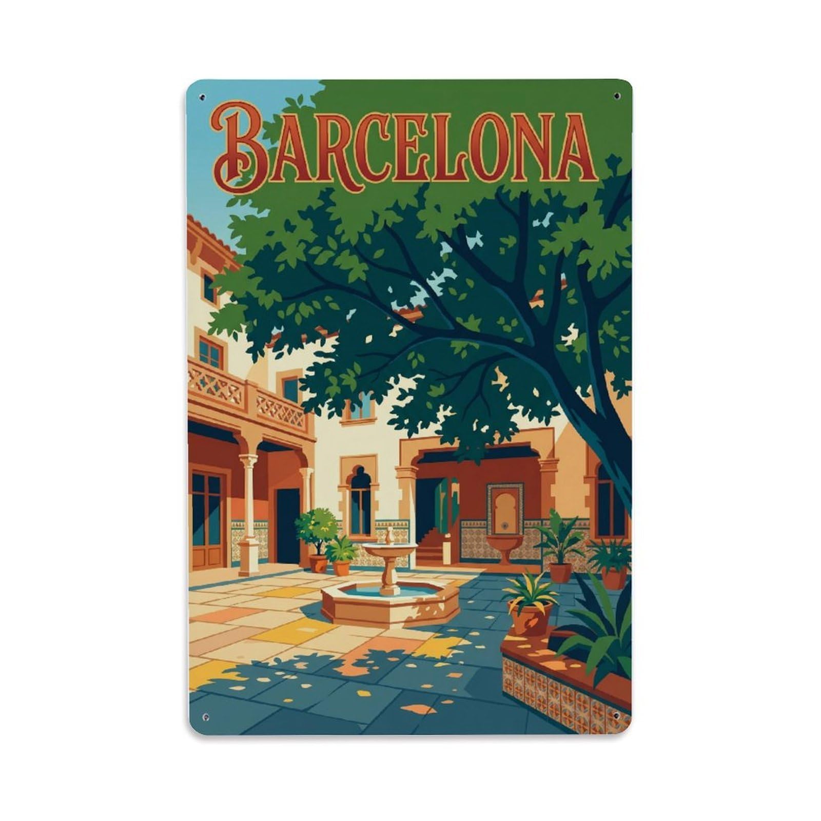 Fqnyr Style Vintage Travel Courtyard Spain Shaded Metal Tin Sign Plaque Wall Decor For Cafe, Club Bar, Office, Home Garden Metal Poster 8X12inch