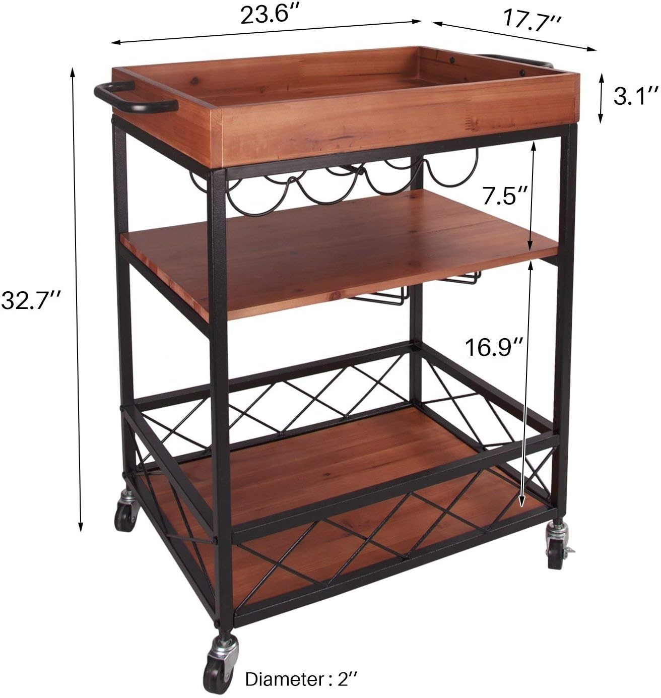 Elevens 3 Tier Rolling Utility Storage Cart-Kitchen Serving Bar Cart with Bottle Holder (Dark Wood) - Bar & Serving Carts