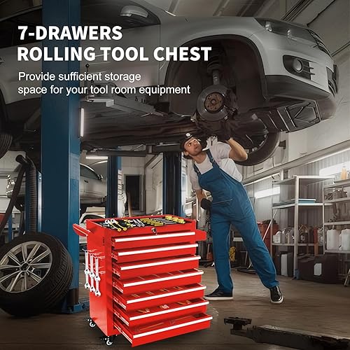 Miniatura 5 de Caja de herramientas rodante de 7 cajones, caja de herramientas rodante, organizador de armario para garaje con ruedas, cajones y cerradura,