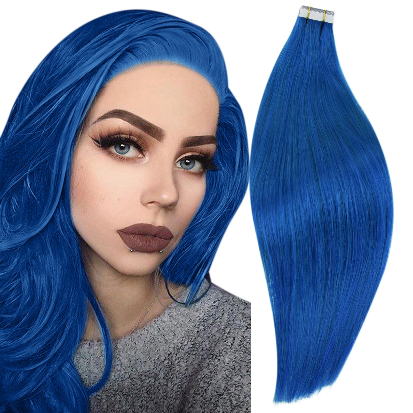RUNATURE Tape in Blue Hair Extensions Human Hair 14 inch Tape Hair Extensions Real Human Hair Invisible Tape Hair 20g #blue