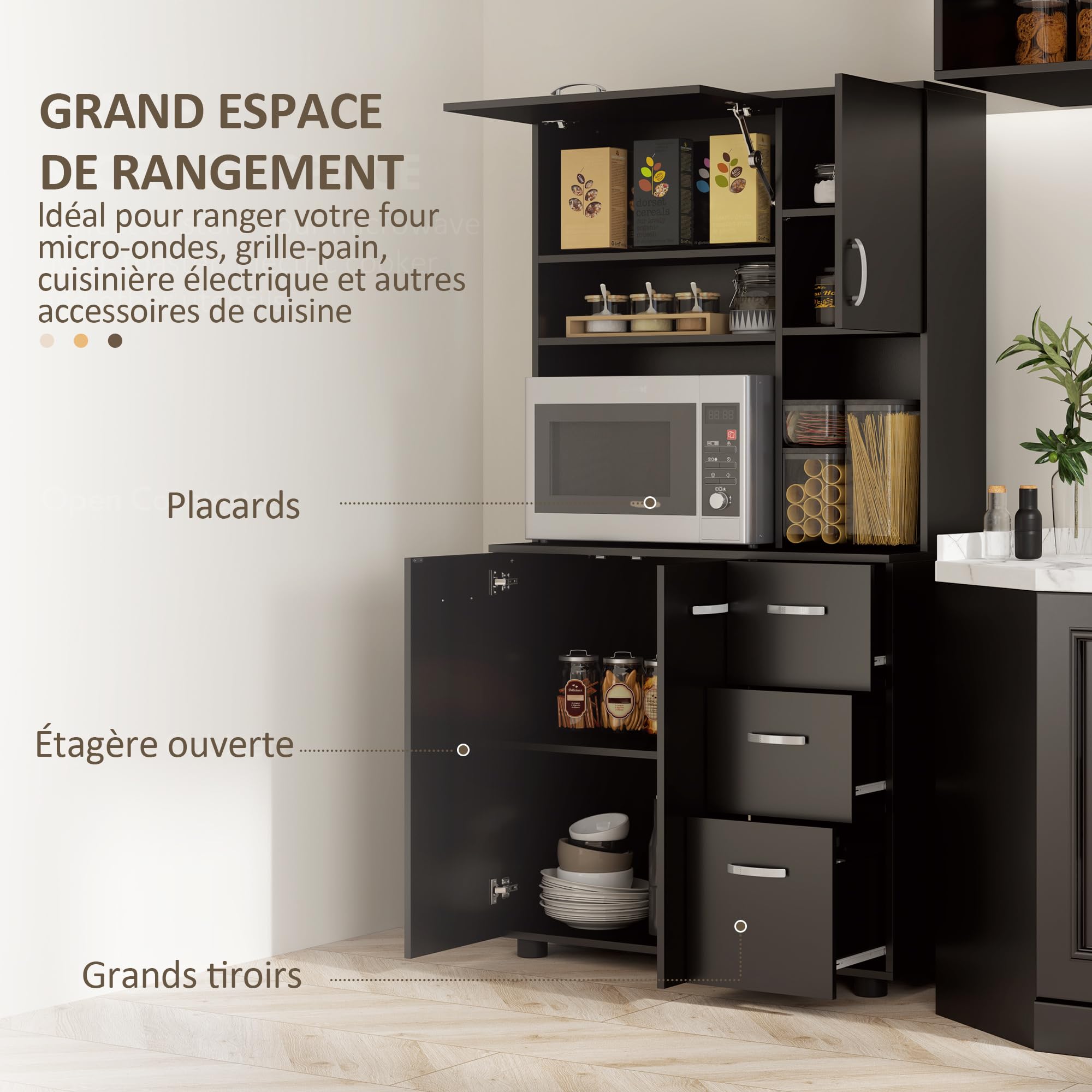 HOMCOM Armoire de Cuisine Multi-rangements 4 Portes 3 tiroirs étagère + Grand Plateau 89L x 39,5l x 168H cm Noir