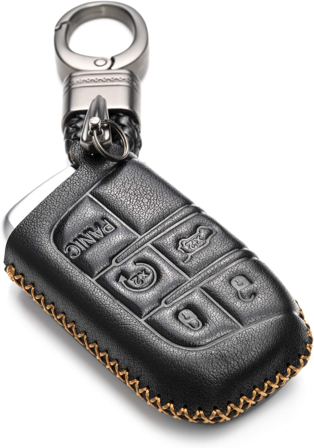Vitodeco Genuine Leather Smart Key Keyless Remote Entry Fob Case Cover with Key Chain for JEEP, Dodge, Chrysler (5 Buttons, Black)
