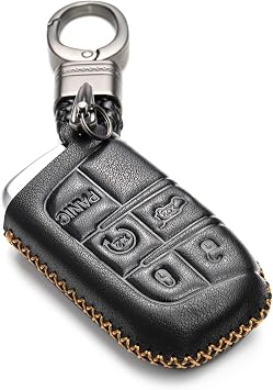 Genuine Leather Smart Key Keyless Remote Entry Fob Case Cover Compatible for Jeep, Dodge, Chrysler 2014 - 2022 Models - 3 to 5 Buttons, Black